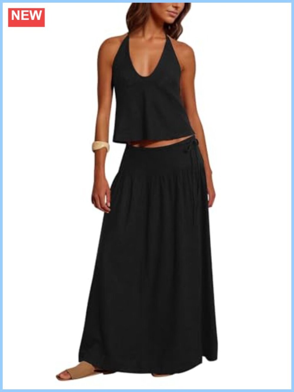 Women 2 Piece Skirt Set Sleeveless Tie Back Crop Top Flowy Maxi Skirt Matching